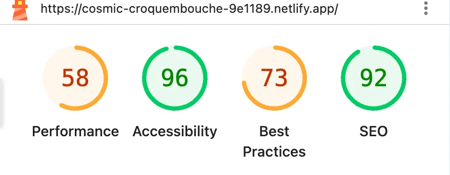 Lighthouse report for the deployed 2024 site — Performance 58, Accessibility 96, Best Practices 73, SEO 92